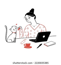 The pretty girl working at home playing with her cat. Hand drawn vector illustration doodle style.