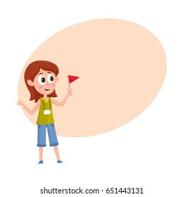 Pretty girl working as tour guide, holding flag, meeting tourist groop, cartoon vector illustration with space for text. Full length portrait of young and pretty female tour guide at work