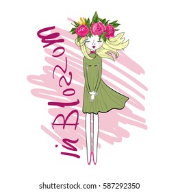 Pretty girl in wreath vector. Cte picture isolated.