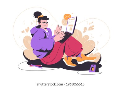 Pretty Girl Writing Email On Laptop Vector Illustration. Smiling Woman Compose Letter On Computer Flat Style. Correspondence, Work From Home, Technology Concept. Isolated On White Background