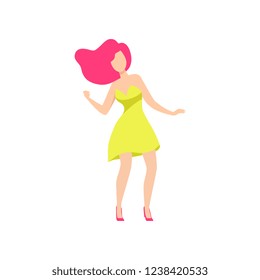 Pretty girl in yellow dress dancing at party, young woman having fun at nightclub vector Illustration on a white background