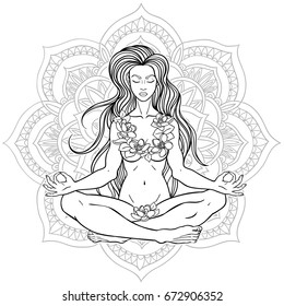 Pretty girl in yoga pose over ornate round mandala. Vector illustration.