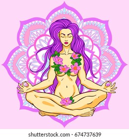 Pretty girl in yoga pose over ornate round mandala. Vector illustration.