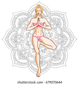 Pretty girl in yoga pose over ornate round mandala. Vector illustration.