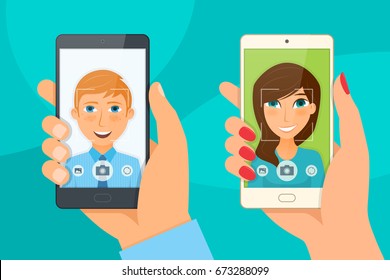 Pretty girl and young boy takes selfie using a smartphone. Vector illustration.