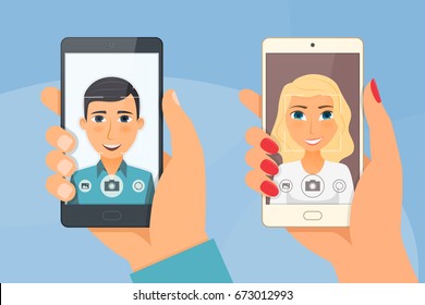 Pretty girl and young boy taking selfie using a smartphone. Vector illustration.