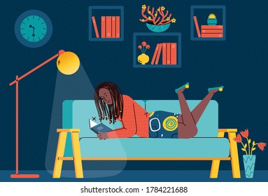 Pretty girl or young woman cartoon character relaxing and reading book at home, flat vector illustration. Woman resting on sofa in evening in room interior.