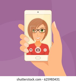 Pretty girl young woman takes selfie using a smartphone. Vector illustration.