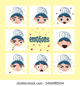 The pretty girl's face shows different emotions for a perfect pixel. Flat vector icon graphics.