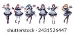 Pretty girls in maid cafe costumes color vector characters set. Cute anime women holding trays with cakes and drinks on white background