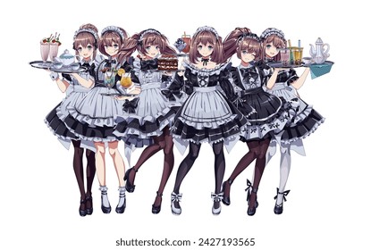 Pretty girls in maid cafe costumes color vector characters set. Cute anime women holding trays with cakes and drinks on white background