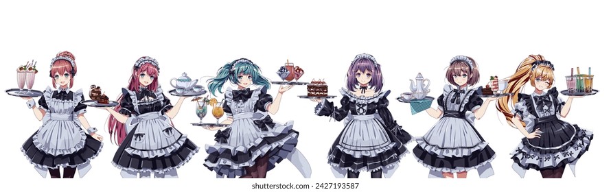 Pretty girls in maid cafe costumes color vector characters set. Cute anime women holding trays with cakes and drinks on white background