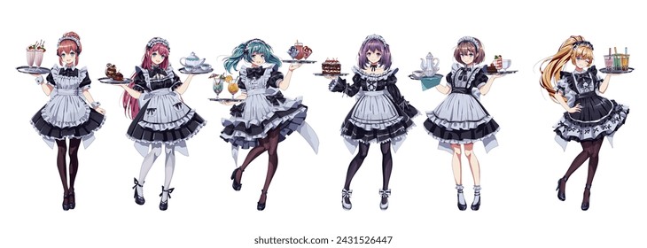 Chicas bonitas en trajes de café de servicio de color conjunto de personajes vectoriales. Mujeres lindas del anime que sostienen bandejas con los pasteles y las bebidas en el fondo blanco