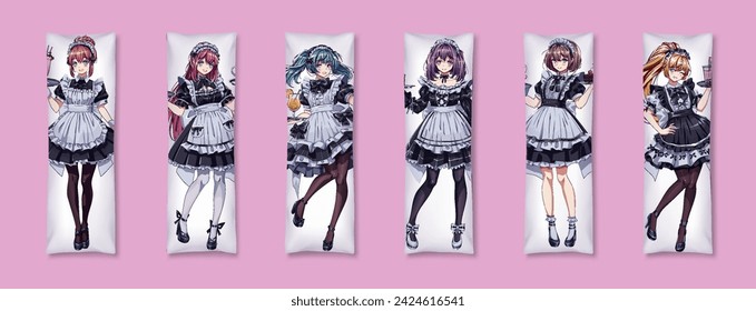 Chicas bonitas en uniformes de cafetería de servicio dakimakura vector de color conjunto de plantillas. Personajes femeninos de anime en vestidos de camarera estampados para la colección de almohadas