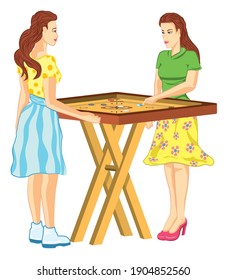 Pretty girls playing carrom game on white background in vector illustration