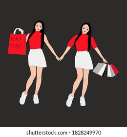 Pretty girls with red bags shopping sale of Black Friday. Marketing poster, web landing page design template. Vector winter holiday illustration with black background.