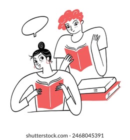 Pretty girls spend time read book together. Hand drawn doodle vector illustration.