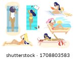 Pretty girls in swimsuits sunbathing on beach, vector flat isolated illustration. Happy women relaxing, reading book, using laptop, taking selfie at the seaside. Beach girls enjoying summer vacation.