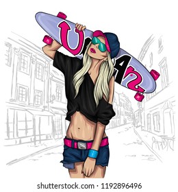 Pretty girls in tops and shorts with skateboard. Vector illustration for a postcard or a poster. Bright, colorful drawing.