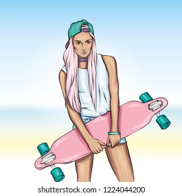 Pretty girls in tops and shorts with skateboard. Vector illustration for a postcard or a poster. Bright, colorful drawing.