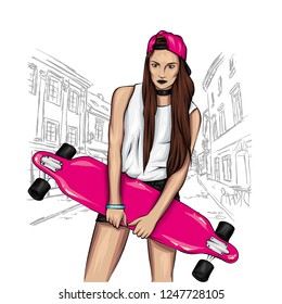 Pretty girls in tops and shorts with skateboard. Vector illustration for a postcard or a poster. Bright, colorful drawing.