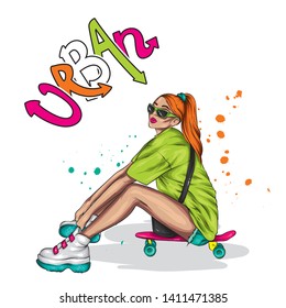 Pretty girls in tops and shorts with skateboard. Vector illustration for a postcard or a poster. Bright, colorful drawing.