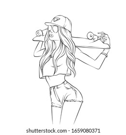 Pretty girls in tops and shorts with skateboard. Vector illustration for a postcard or a poster. Bright, colorful drawing. Coloring.