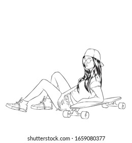 Pretty girls in tops and shorts with skateboard. Vector illustration for a postcard or a poster. Bright, colorful drawing. Coloring.