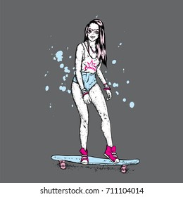 Pretty girls in tops and shorts stand on a skateboard. Vector illustration for a postcard or a poster. Bright, colorful drawing.
