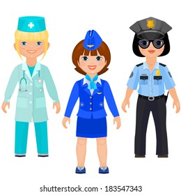 Pretty girls in uniform of doctors, police and stewards. Female doctor, female cop, female flight attendant. Isolated on white background