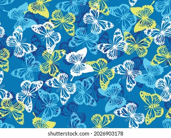 Pretty, girly camouflage pattern made up of tropical colored butterflies against a cool blue background. Seamless vector patterns are great for backgrounds and surface design.