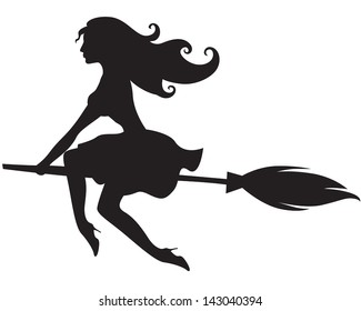 Pretty glamorous witch flying on a broomstick