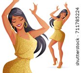 Pretty glamorous young dancing woman in golden dress with glitter. Vector illustration isolated on white background.