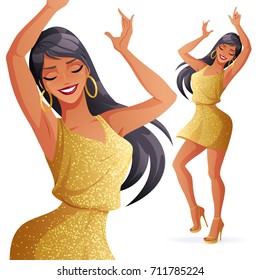 Pretty glamorous young dancing woman in golden dress with glitter. Vector illustration isolated on white background.
