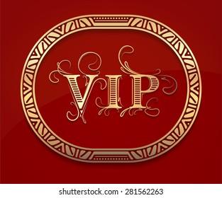 Pretty gold unusual oval frame with shadow and caption VIP on dark red background for your design 