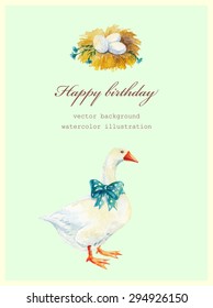 pretty goose and nest. vintage illustration. birthday card with watercolor isolated elements