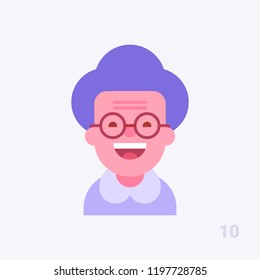 Pretty grandmother in glasses smiling. Modern simple and clear design. People avatar #10. Vector icon in flat style.