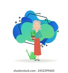 Pretty grandmother with potted plant. Senior lady with plant and watering can. Flat vector illustration. Gardening, house planting, retirement concept for web design, banner or landing page