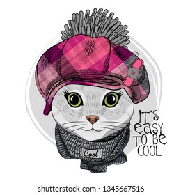 Pretty gray cat with checkered hat and knitted scarf. Hand drawn illustration of dressed kitten.  Vector illustration.
