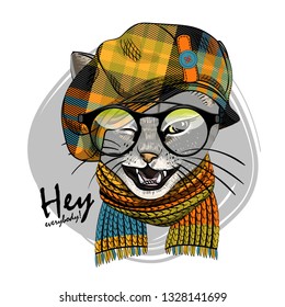 Pretty gray cat with glasses, checkered cap and knitted  scarf. Hand drawn illustration of dressed cat. Vector illustration.