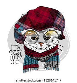 Pretty gray cat with glasses, checkered cap and knitted  scarf. Hand drawn illustration of dressed cat. Vector illustration.