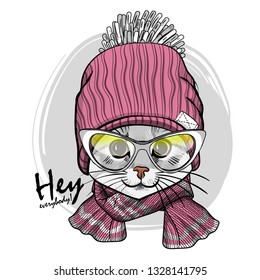 Pretty gray cat with glasses, pink knitted hat and knitted  scarf. Hand drawn illustration of dressed cat. Vector illustration.