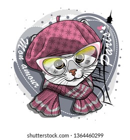 Pretty gray cat with glasses, pink hat, knitted scarf and Eiffel Tower. Vector illustration of dressed kitten in Paris.