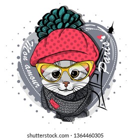 Pretty gray cat with glasses, red hat, gray knitted scarf and Eiffel Tower. Vector illustration of dressed kitten in Paris.
