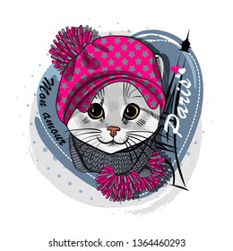 Pretty gray cat with hat, knitted scarf and Eiffel Tower. Vector illustration of dressed kitten in Paris.