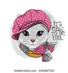 Pretty gray cat with pink hat and knitted scarf. Hand drawn illustration of dressed kitten.  Vector illustration.