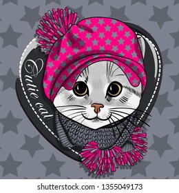 Pretty gray cat  with pink hat and gray knitted scarf. Hand drawn illustration of dressed kitten.  Vector illustration.