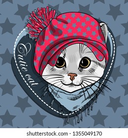 Pretty gray cat with red hat and blue scarf. Hand drawn illustration of dressed kitten.  Vector illustration.