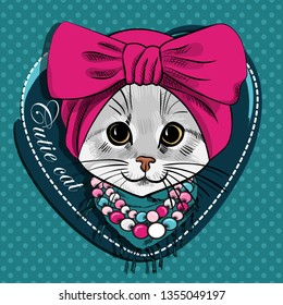 Pretty gray cat with red turban, necklace and green scarf. Hand drawn illustration of dressed kitten.  Vector illustration.