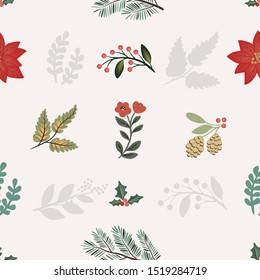 Pretty Greenery Seamless Pattern Vector with Red Poinsettia and Holly Berries